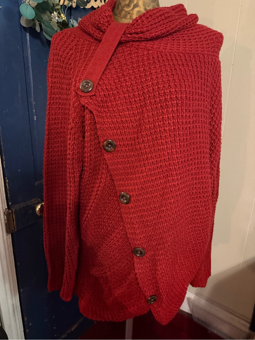 indigo soul Red Button-Front Knit Poncho Style Sweater